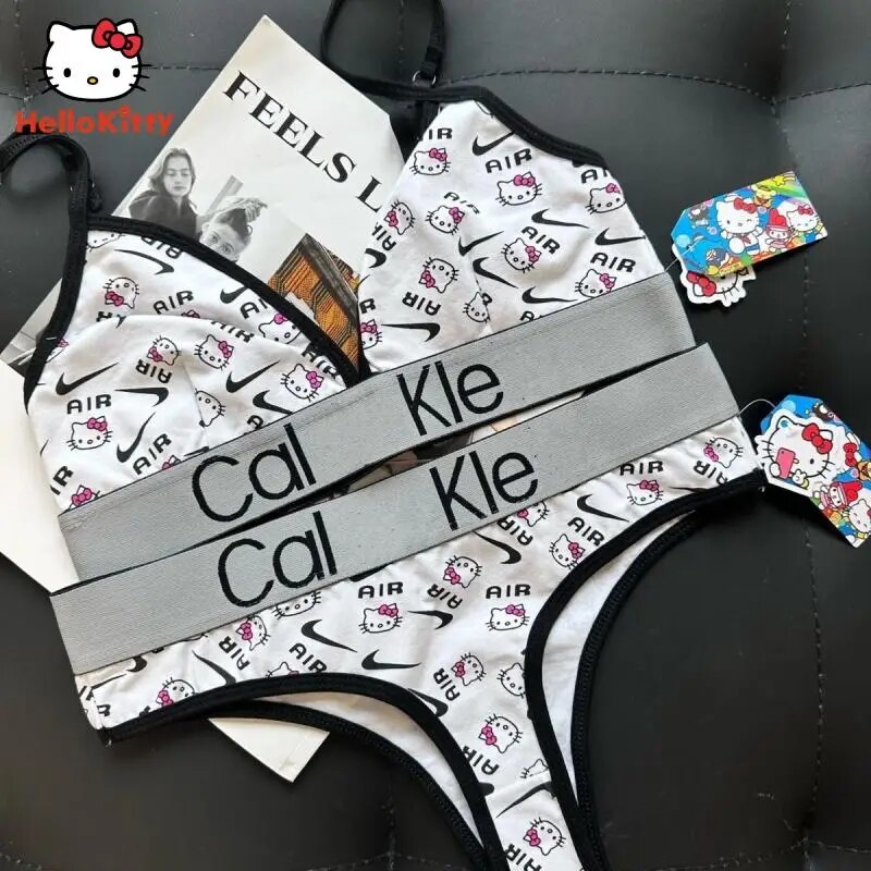 Hot PP] Sanrio Couple Underwear Set Y2K Hello Kitty Anime Kawaii Kt Cartoon  Cotton with Chest Pad Bra Underwear Cute Sexy Hot Girl Trend
