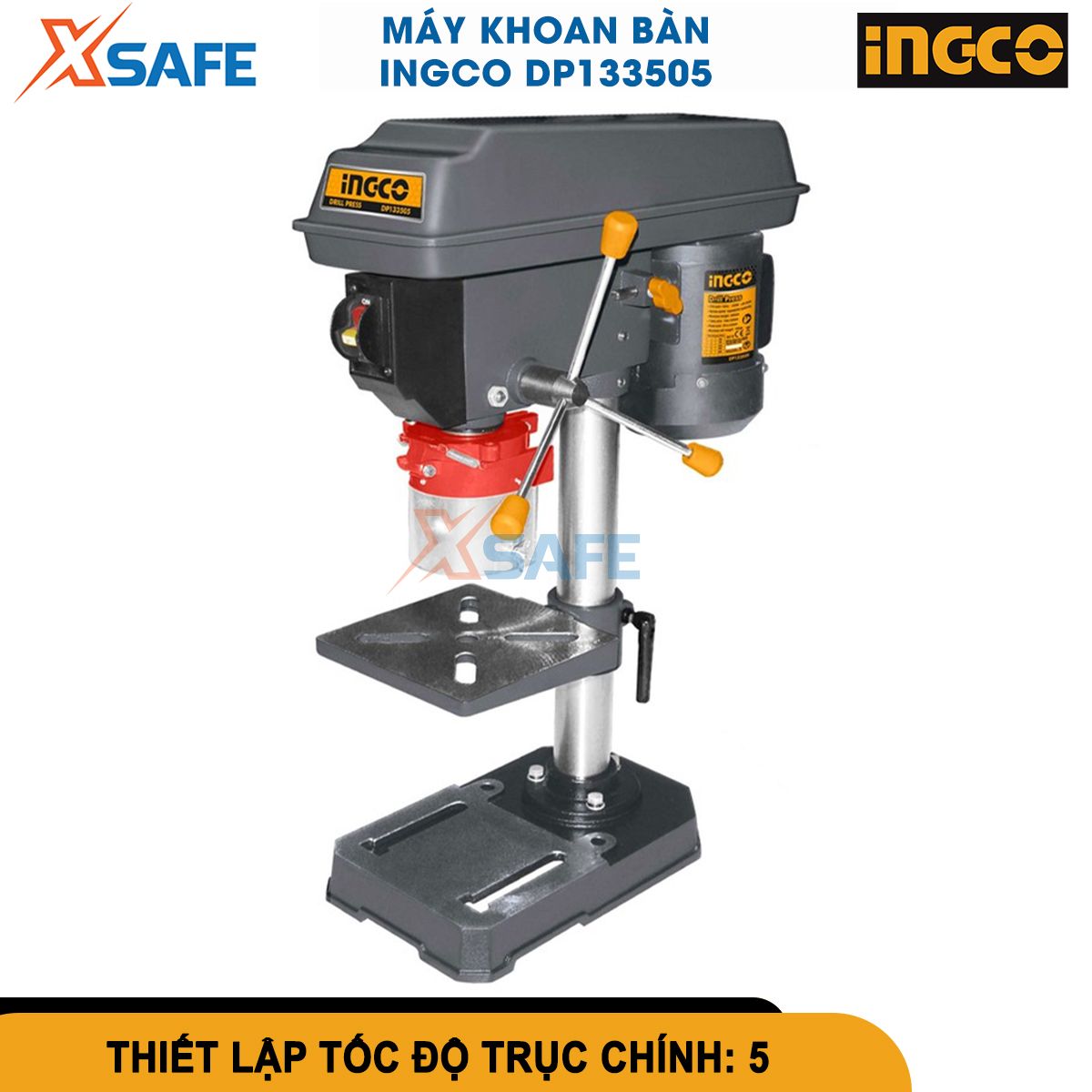 Máy khoan bàn 350W INGCO DP133505 khả năng điều chỉnh bàn khoan, khoan tối đa 13 mm,số mức tốc độ 5, đường kính ống trụ 46 mm, chiều cao máy 590mm, kích thước bàn khoan 160*160 mm, kích thước chân bàn 291*183mm