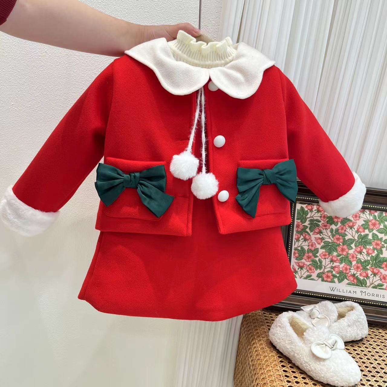 LS Girls' versatile vest dress quilted jacket set Girls' sweet Christmas two-piece set