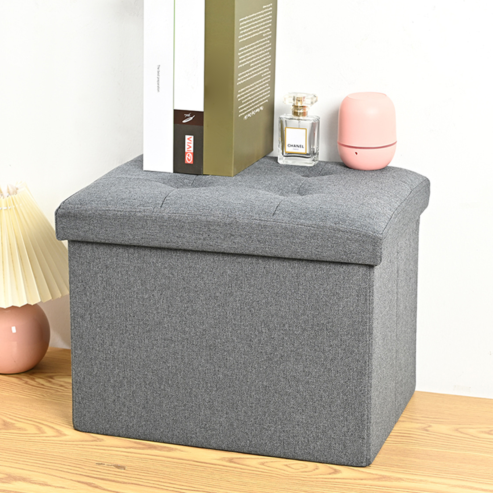 Storage Stool with Handle Foldable Strong Load Bearing Faux Leather Versatile Storage Ottomans Cube Seat