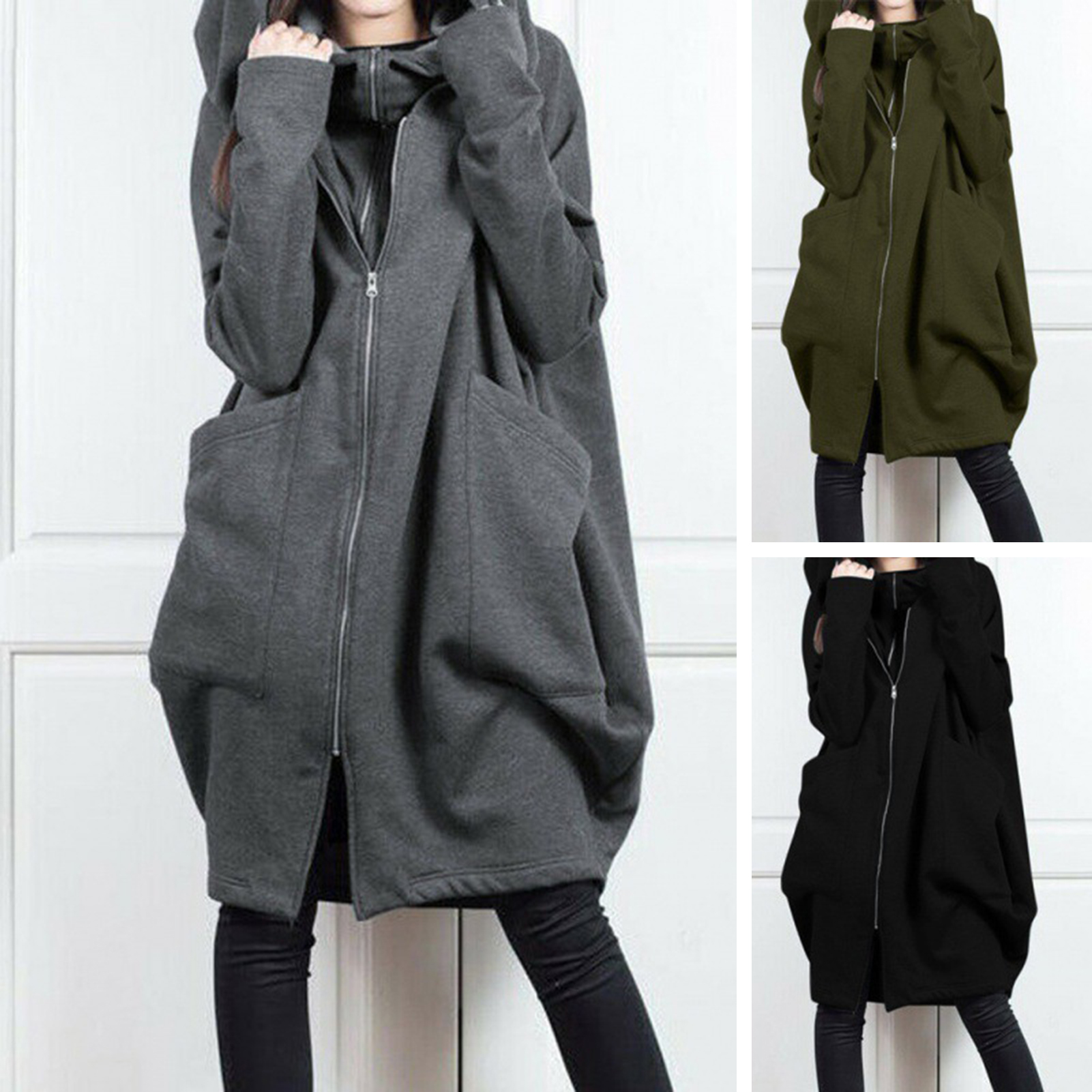 Women Long Sleeve Sweatshirt Warm Ladies Hoodie Hooded Sweatshirt Coat with Big Pockets Trendy Mid-length Jacket for Women in Asia