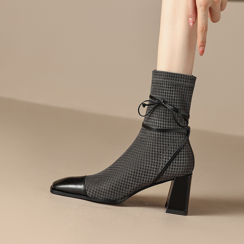 IELGY square toe martin boots women's bowknot chunky high heel ankle boots