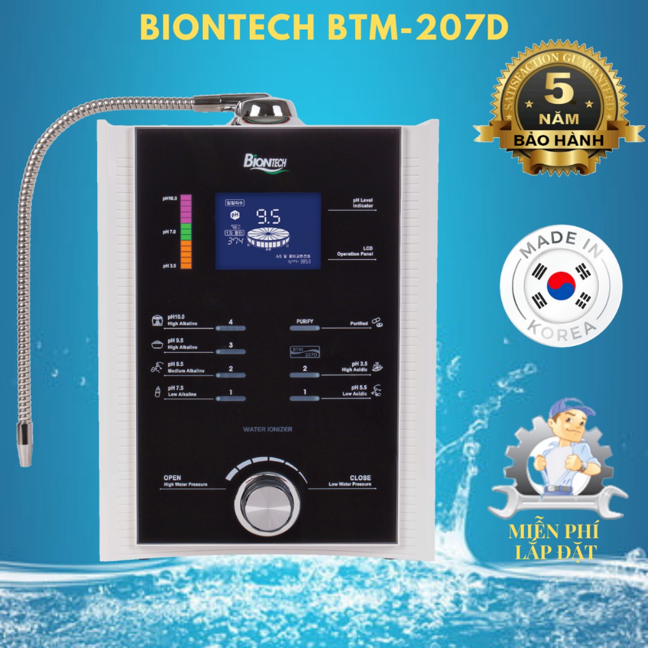Máy lọc nước ion kiềm biontech btm-207d, 7 tấm điện cực, 8 loại nước, nhập khẩu hàn quốc, bảo hành 5 năm