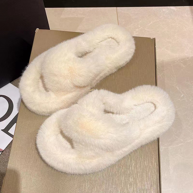 Dép cotton quai chéo đế dày bằng len lông cừu phong cách Hàn Quốc mới cho nữ - đôi dép len, dép nữ