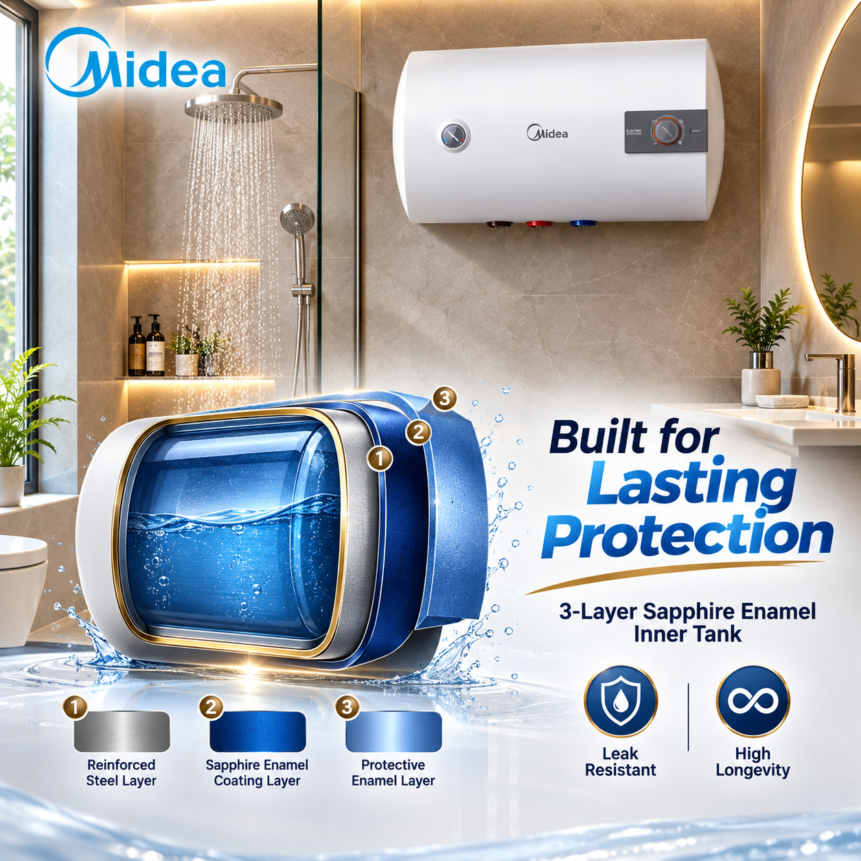 Midea D40-20A Geyser / Water Heater 40L White Free Installation Dhaka & CTG City.
