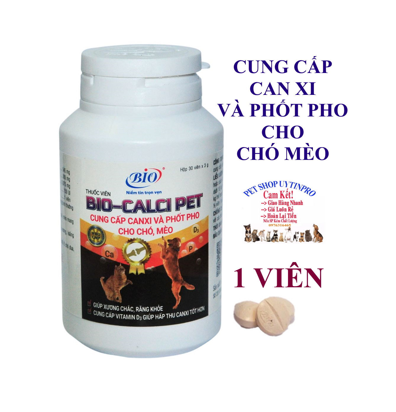 [Hoàn tiền 10%]  1 VIÊN Bio Calci Pet CUNG CẤP CANXI VÀ PHỐT PHO CHO THÚ CƯNG CHÓ MÈO Xuất xứ Việt Nam - Pet shop Uytinpro