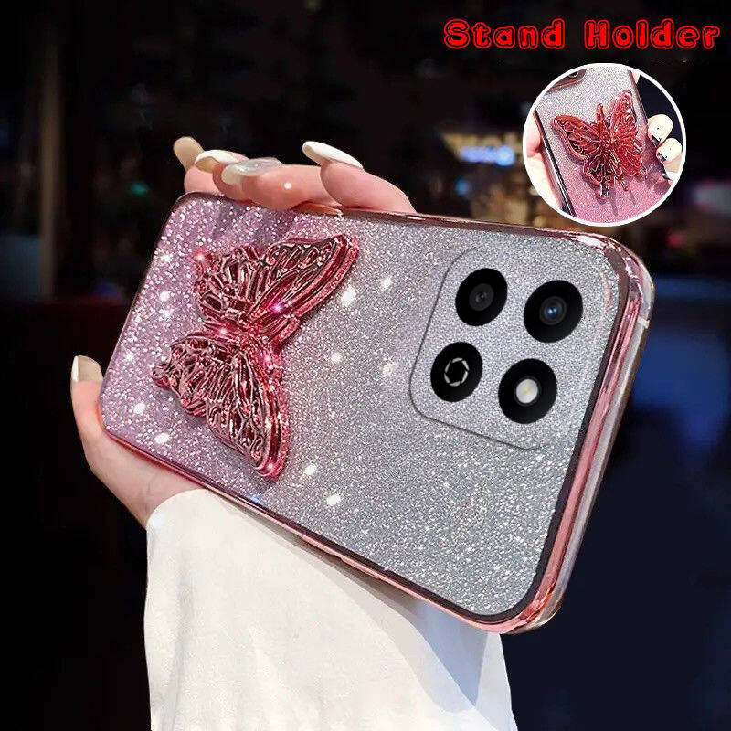 For Honor 200 Smart Case with Cute Butterfly Stand Luxury Slim Gradient Clear Plating Glitter Girls for Honor 200 Smart Back Cover. 