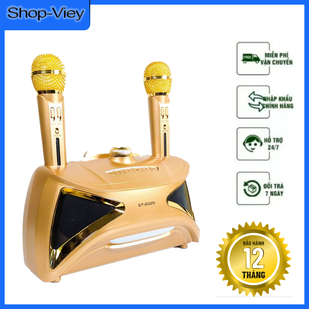 Loa Bluetooth Karaoke Loa Karaoke Mini ST-2025 Kèm 2 Micro, Loa Xách Tay Nghe Nhạc Karaoke Đèn LED 7 Màu | Bảo Hành 12 Tháng