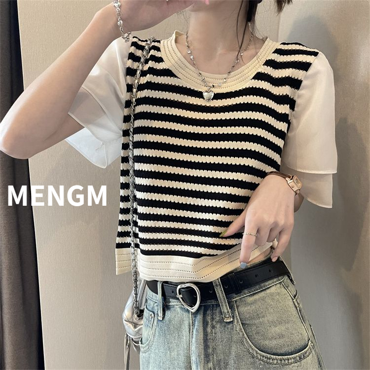 Lotus leaf sleeve striped stitching knitted sweater women 2023 new Korean version retro loose top