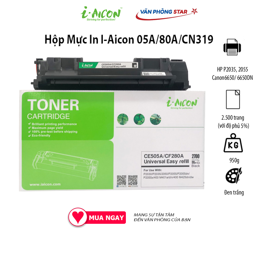Hộp mực 05A/80A CHÍNH HÃNG I-AICON Dùng cho máy in HP LaserJetP2035, 2055/Canon LBP 6650/ 6650DN - CE505A/CF280A. - chứng nhận CO/CQ . CAM KẾT BẢO HÀNH 1 ĐỔI 1