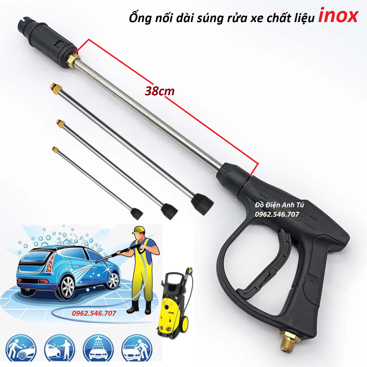 Ống nối dài súng rửa xe áp lực cao của máy xịt rửa áp lực - Dài 38cm