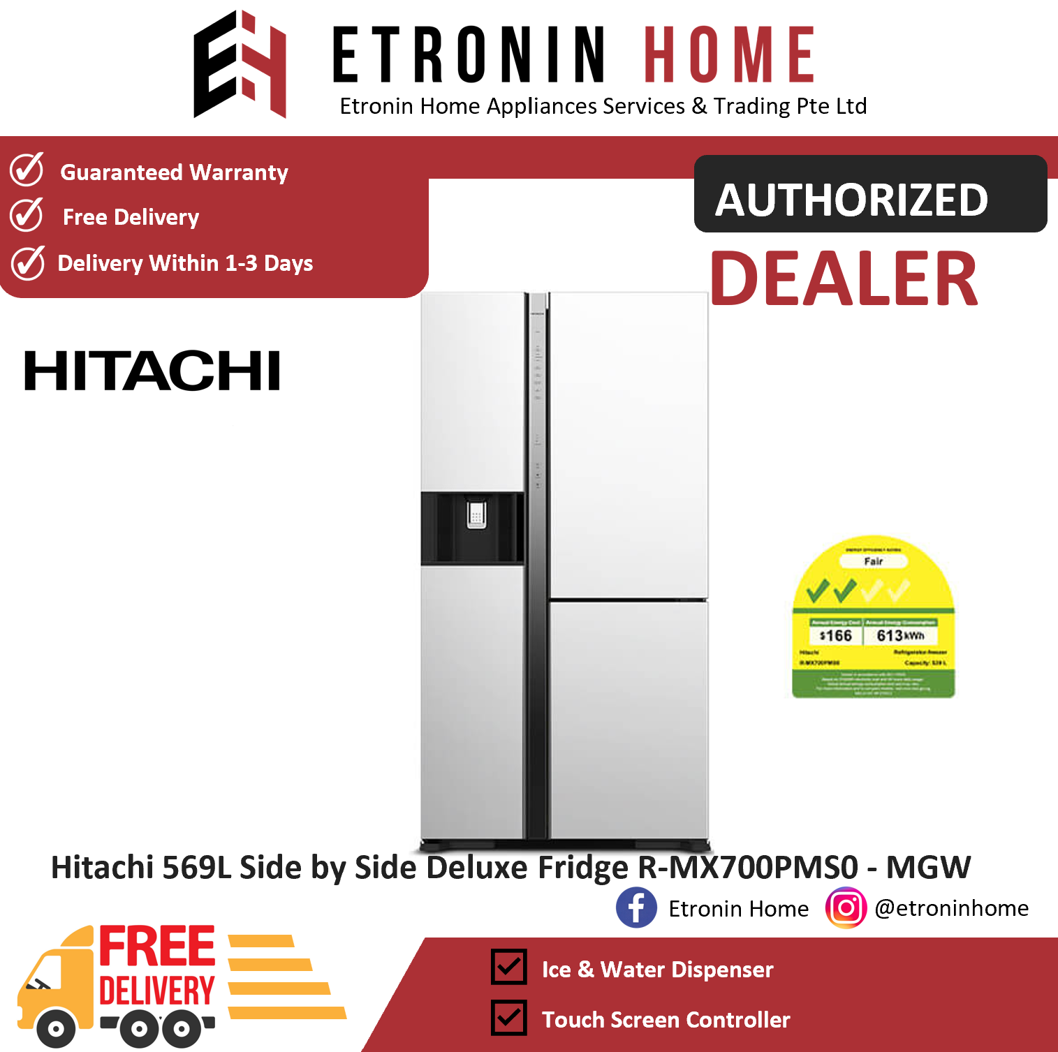 Hitachi 569L Side by Side Deluxe Fridge RMX700PMS0 MGW Lazada