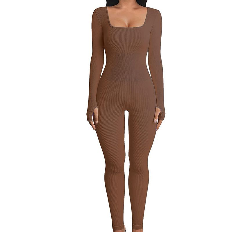 NICK European and American square collar solid color jumpsuit women's long-sleeved trousers bottoming threaded jumpsuit trendy