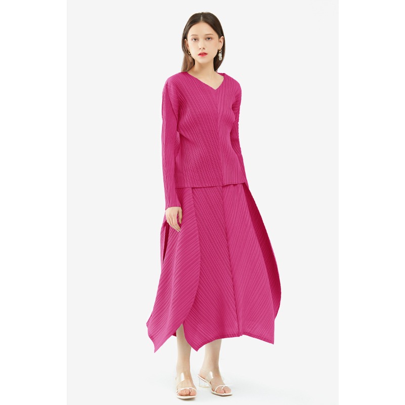 2023 Mùa Thu trơn mới Màu Sắc Cơ Bản Bộ hai mảnh xòe rộng Spliced Nửa Váy Tay áo dài V Cổ Top Phụ Nữ Của Thiết Lập