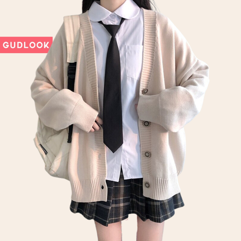 Áo Len Cardigan Basic GUDLOOK Form Rộng Màu Be Dễ Phối Đồ