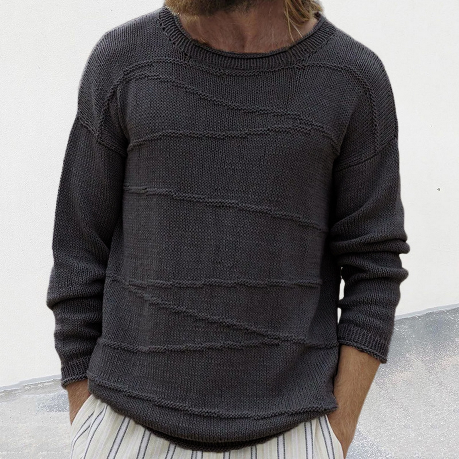 Herren-Pullover, einfarbig, gerippter Bündchenpullover, gemütlicher Herren-Winterpullover, lockere Passform, gerippte Bündchen und O-Ausschnitt-Design, Perfect771_voghion.com