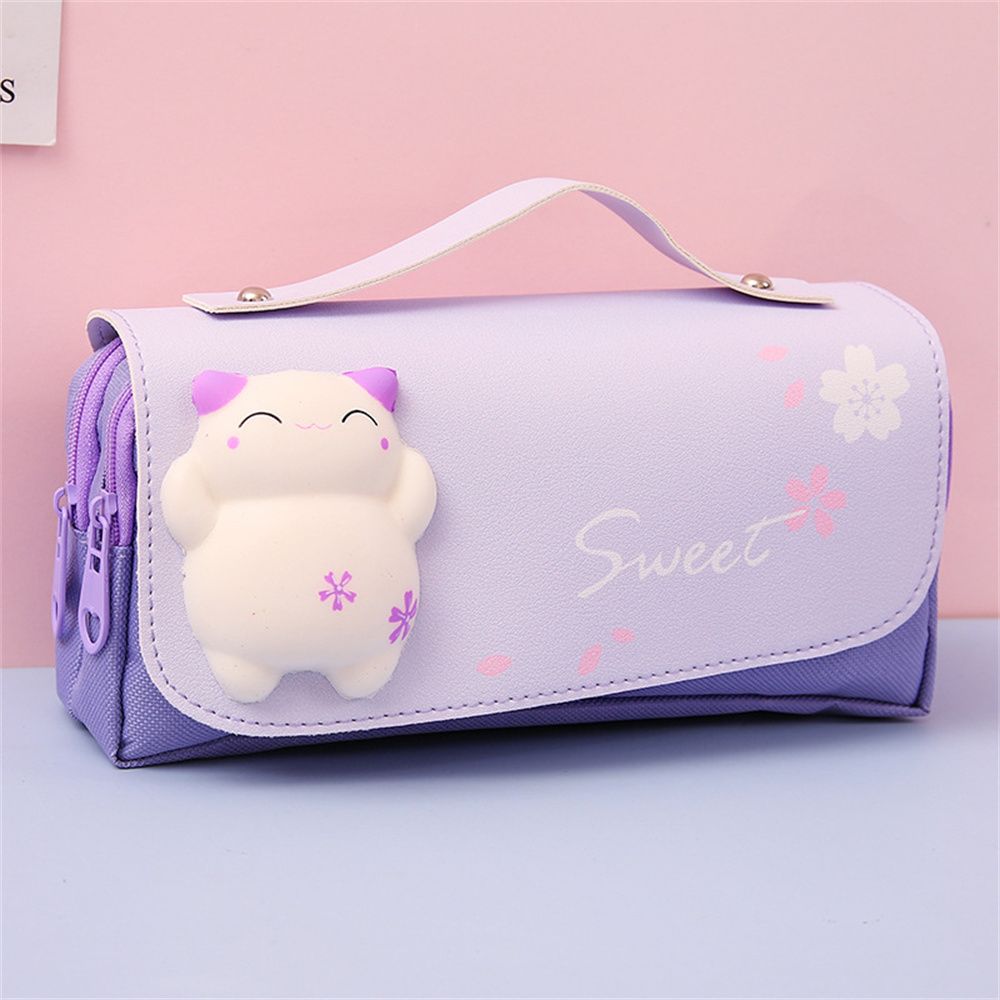 FRANCESIRE Các cô gái Cầm tay Kawaii Túi đựng đồ dùng học tập Hộp bút chì giải nén mèo Hộp bút chì lớn Túi đựng bút Hai lớp