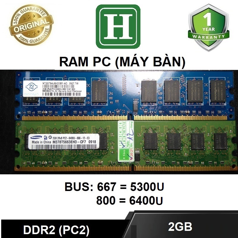 Ram PC DDR2 (PC2) 2Gb bus 667, 800 bảo hành 1 tháng