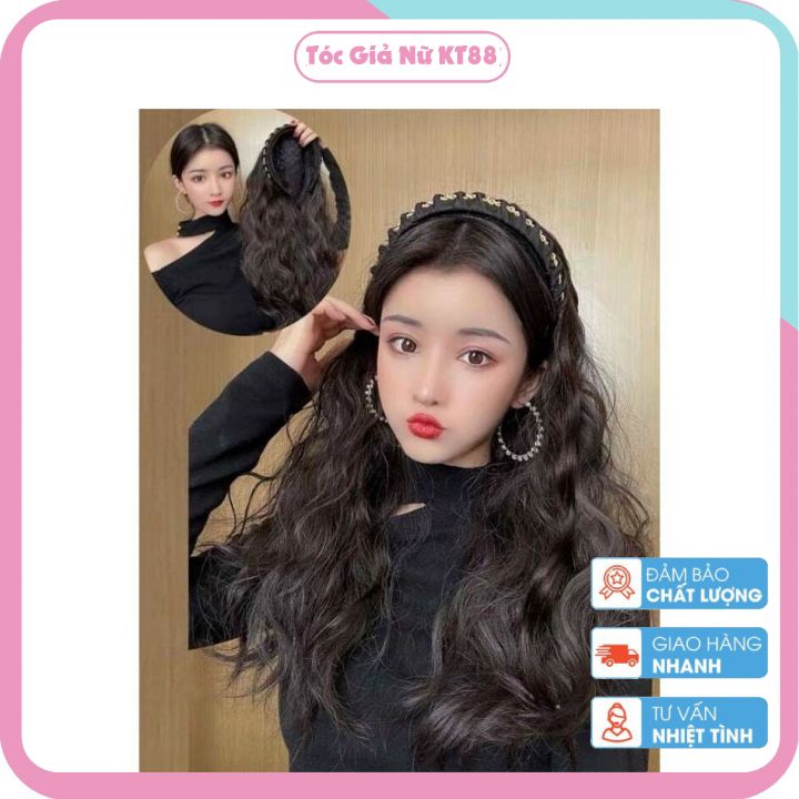 Tóc giả xù nữa đầu đính cài băng đô đen