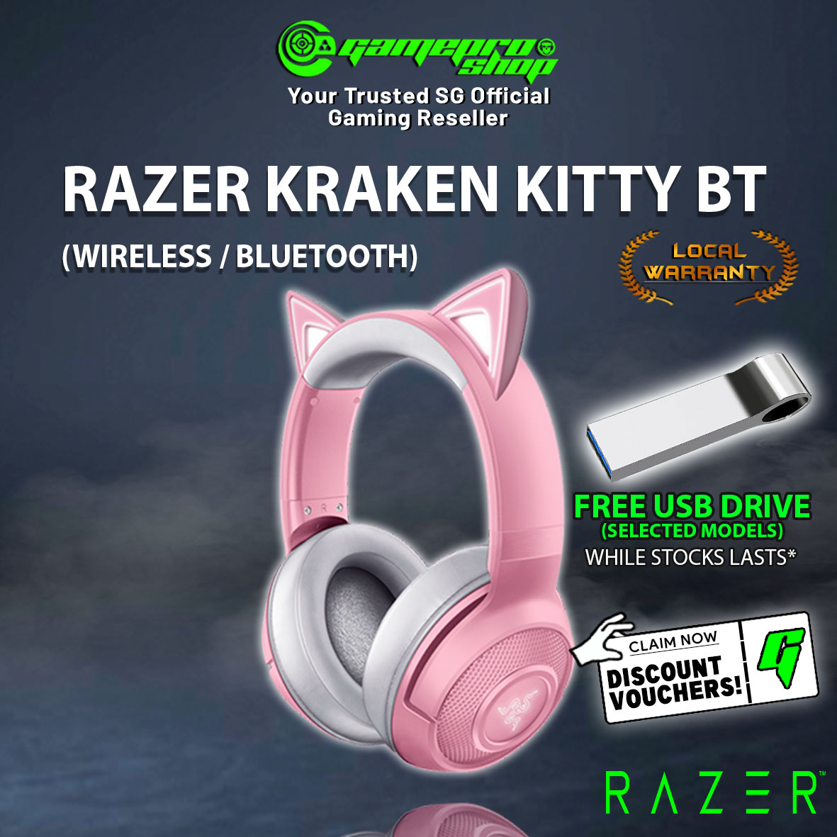 Free-Gifts] Razer Kraken BT Headset - KITTY EDITION - QUARTZ -  RZ04-03520100-R3M1 (1Y) | Lazada Singapore