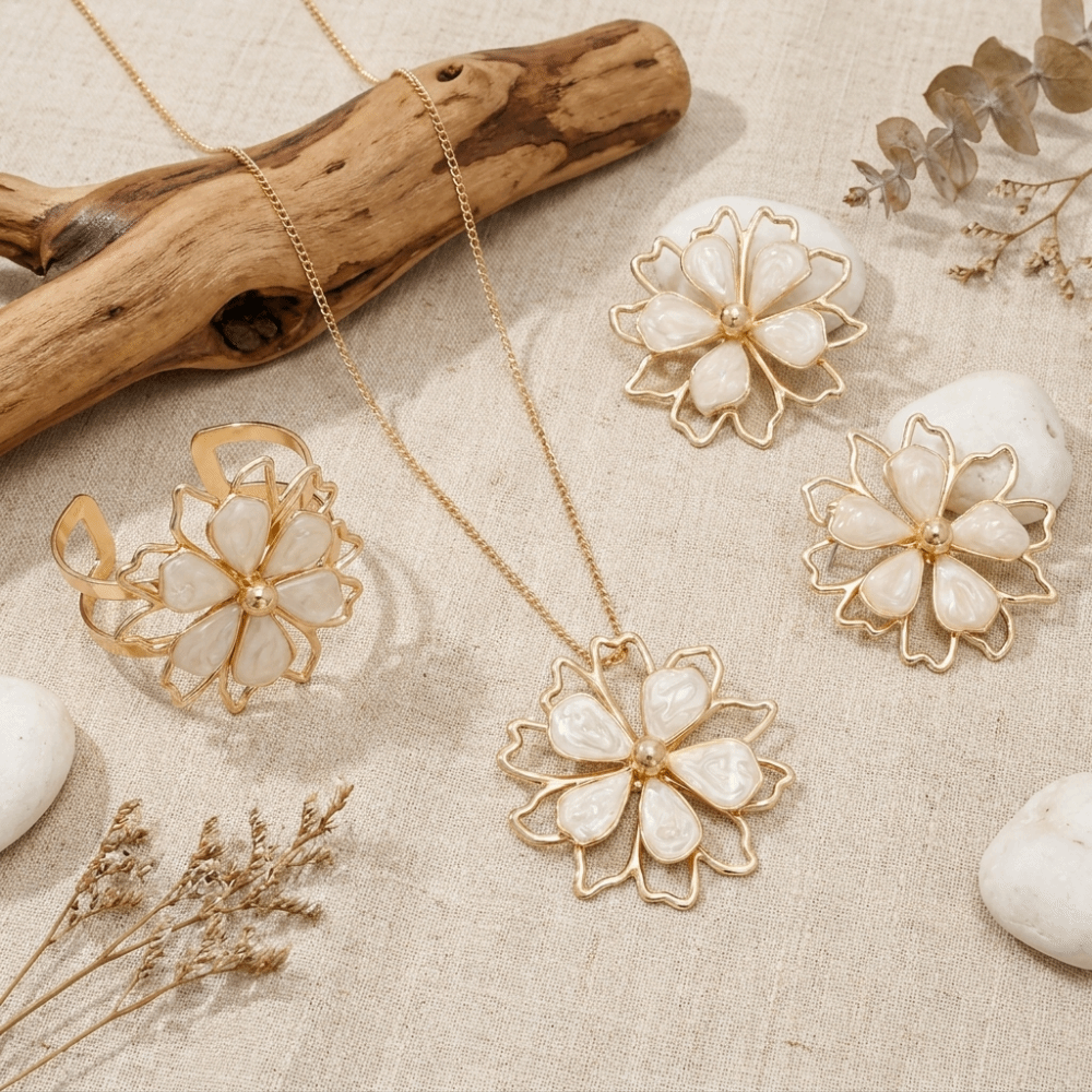 5%20pcs/set%20Vintage%20Look%20Alloy%20Flower%20Jewelry%20Set%20Drip%20Oil%20Finish%20Earrings%20Necklace%20Bracelet%20Ring%20Lightweight%20Adjustable%20Statement%20Costume%20Jewelry%20Women%20-%20Image%205