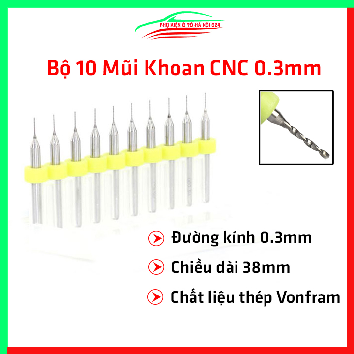 Bộ 10 mũi khoan CNC hợp kim cứng cao cấp độ chính xác cao đường kính mũi 0.3mm