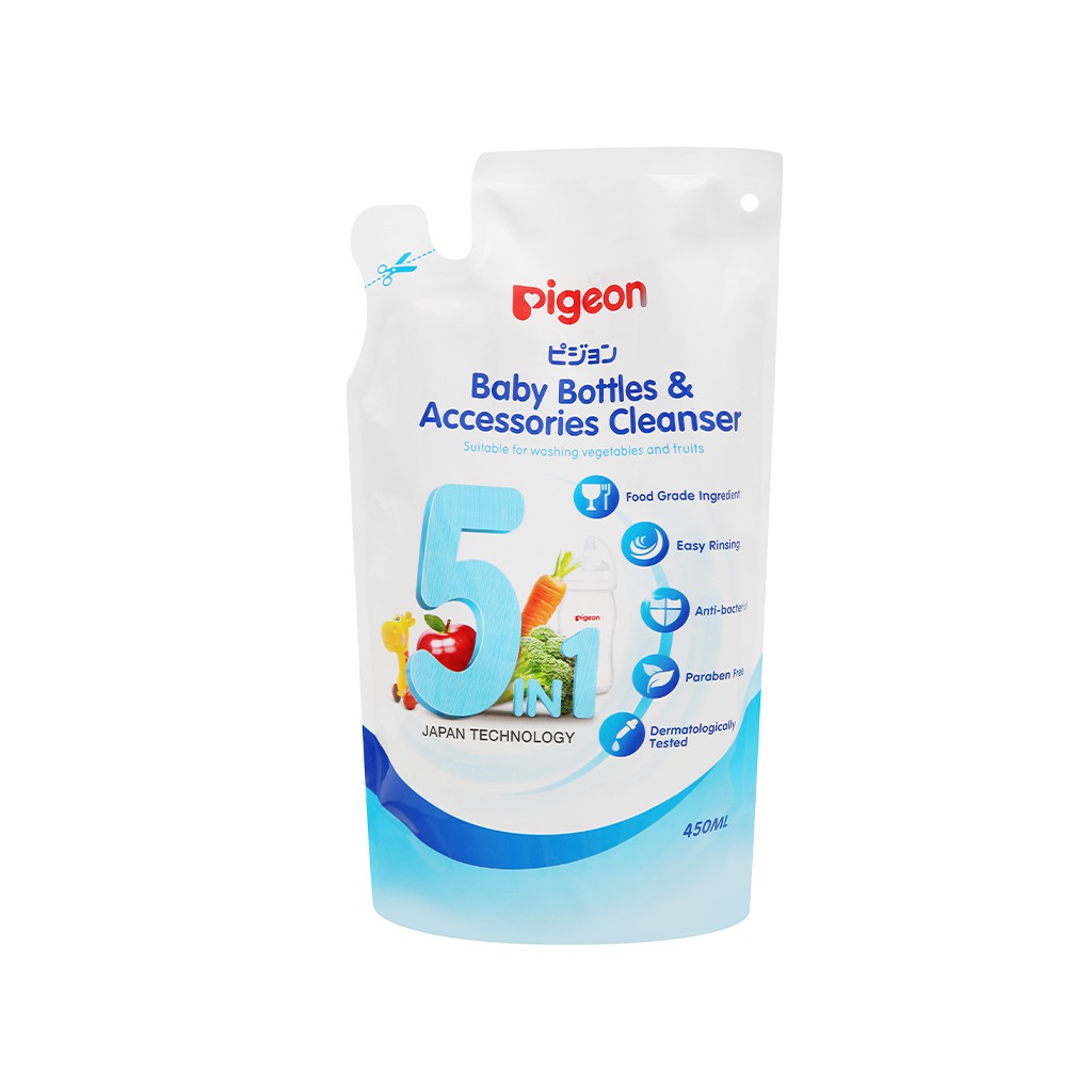 Nước rửa bình sữa rau củ quả và phụ kiện cho bé Pigeon túi 450ml Eco công nghệ Nhật Bản 5 in 1 - nuoc rua binh sua rau cu qua va phu kien