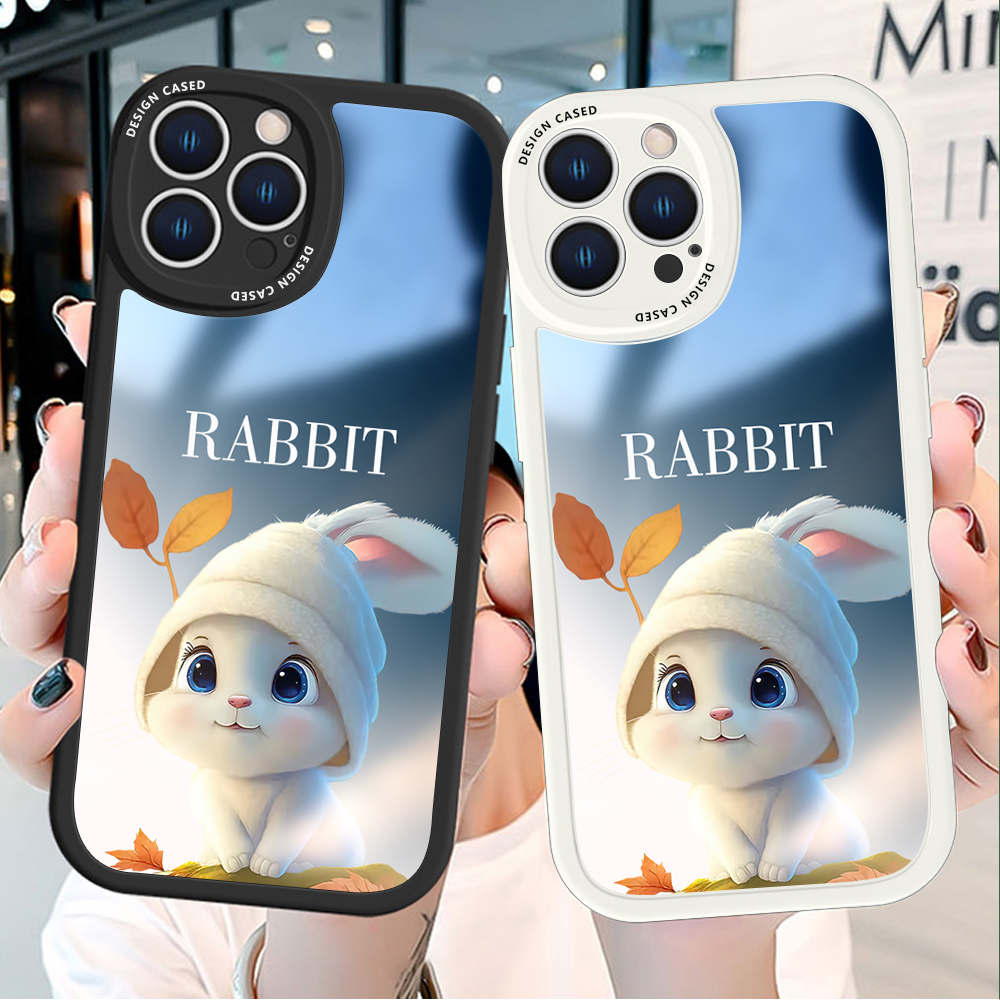 Jizetin Casing For Xiaomi Redmi Note 10 Note 10 5G Note 10 Pro Note 10S Note 11 Note 11S Note 11 5G Cute White Hat Rabbit Pattern Slim Mirror Back Casing Soft Silicone Phone Case