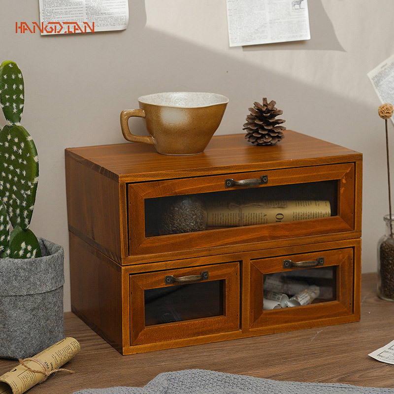 Chinese style solid wood drawer type retro computer elevated shelf desktop storage box cosmetics office desk shelf