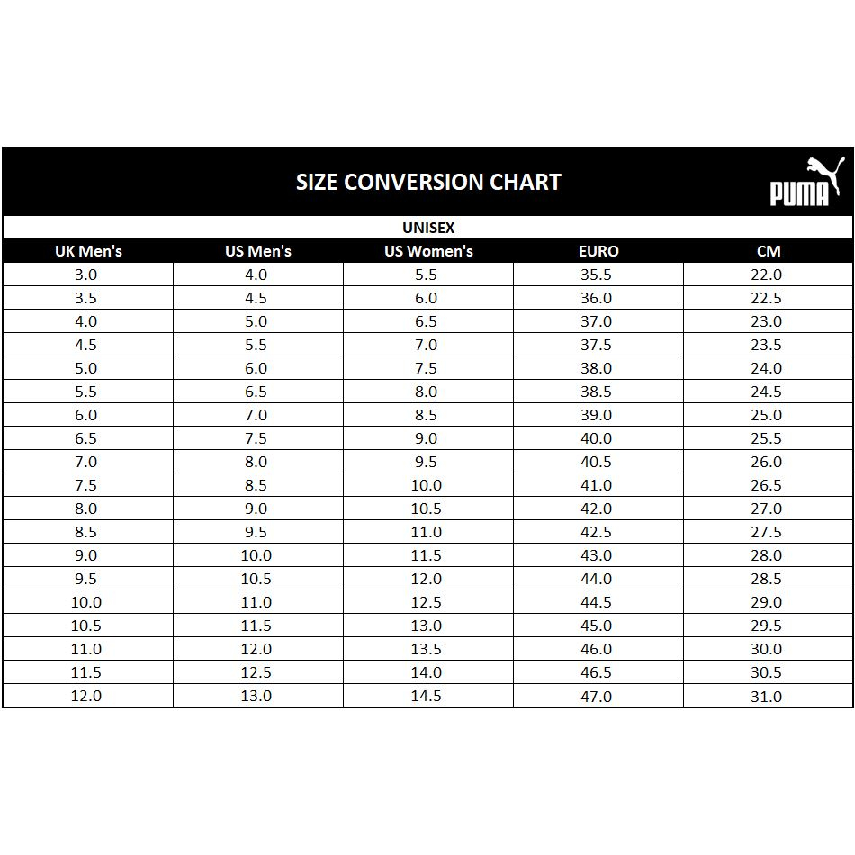 Puma Size Guide Puma Us To Eu Puma Us Eu Size Clearance