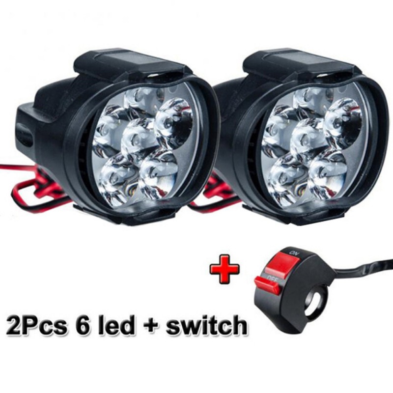 2Pcs 6 LED Motorcycle Headlight Highlights Waterproof Spotlight Auxiliary Spotlight Scooter Working Light with Switch Button