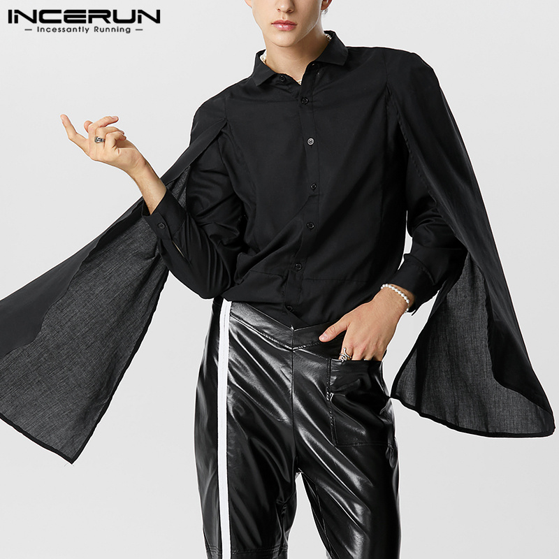 INCERUN Mens Elegance Patchwork Cloak Plain Shirts Formal Party Lapel Tops (Western Style)