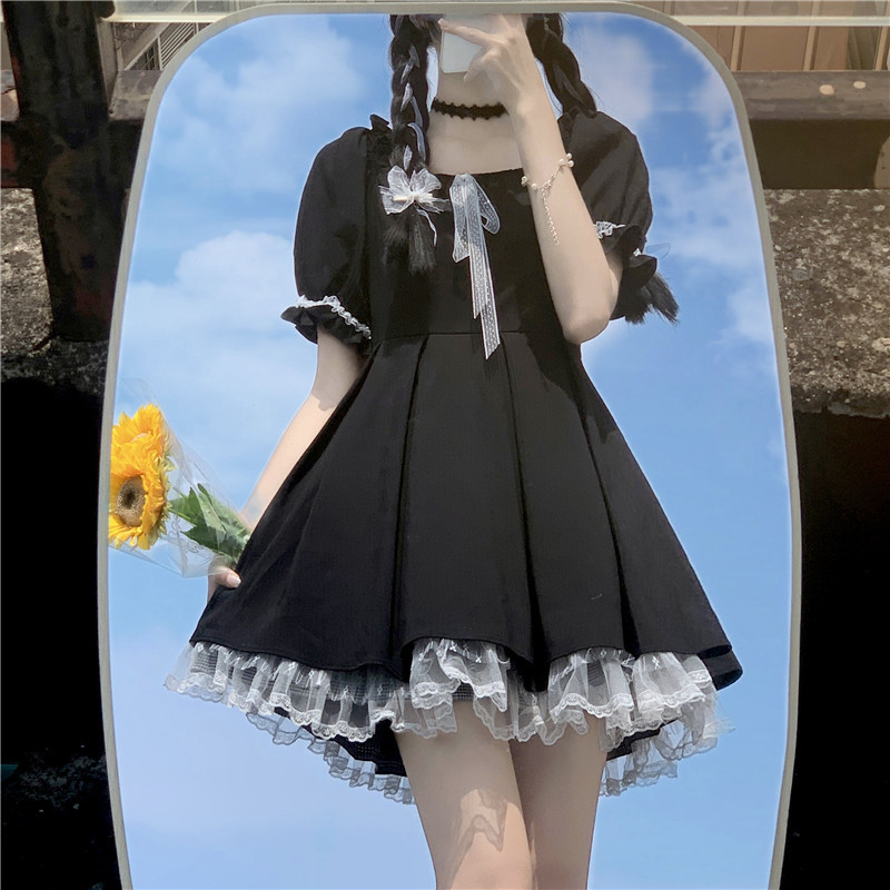 DUOHANZI French Hepburn style little black dress women's new lace lace maid dress lace-up skirt