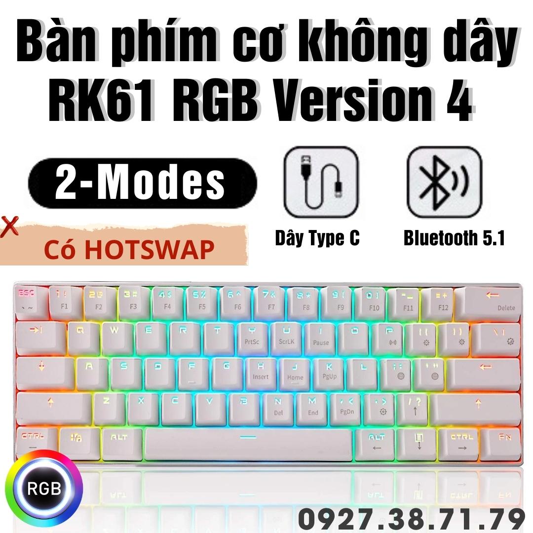 HOTSWAP - Bàn Phím Cơ RK61 Version 4.0 Bluetooth 5.1 - Wireless 2.4Ghz - Cáp Type C - Phần mềm chỉnh Led RGB và Custom - Keycaps RK61