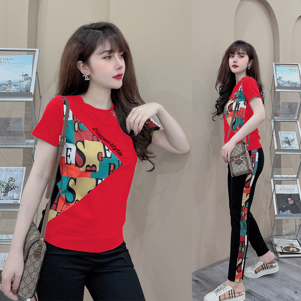 Đồ bộ thun cotton dài họa tiết xếp hình (2 màu đen, đỏ)