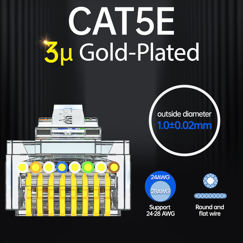 50x RJ45 Cat8 / Cat7 Pass Through Connectors – 8P8C 50µm Gold Plated, Shielded FTP/STP