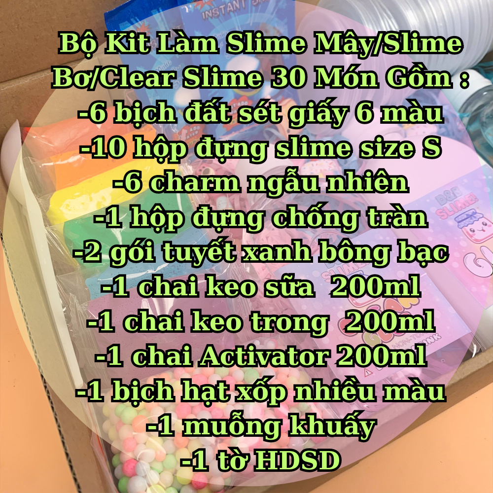 Bộ Kit Làm Slime Bơ/Slime Mây/Clear Slime Cầu Vồng (Butter&Cloud&Clear Slime) 30 Món Đầy Đủ Nhất - Kèm Charm và HDSD