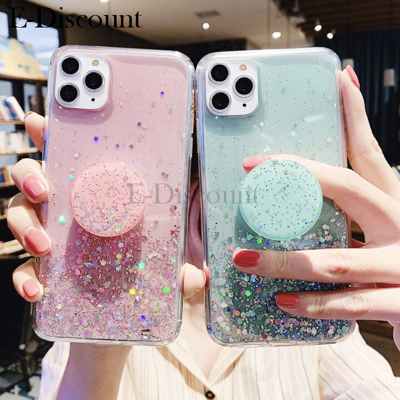 New Phone case Samsung Galaxy M06 Back cover Glittering Soft Stars Moon Sequins Folding Stand Transparent Silicone Anti Drop for Samsung M06 case. 