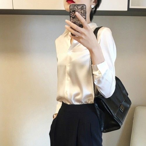 WOU&EY Women Korean Style Satin Blouse Women Long Sleeve Loose Silk Office  Shirt Blouse Top