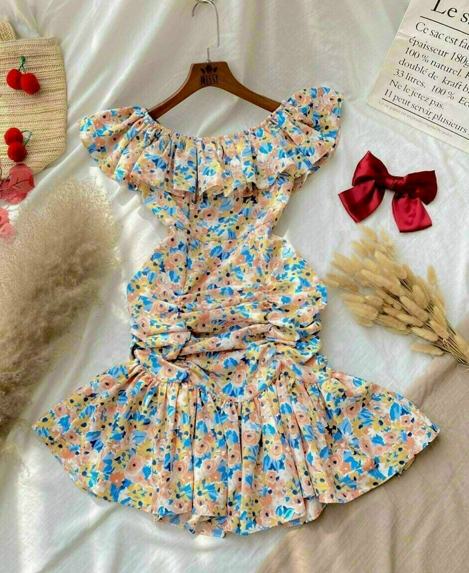 Đầm Lụa Hoa Nhúm Eo Cao Cấp