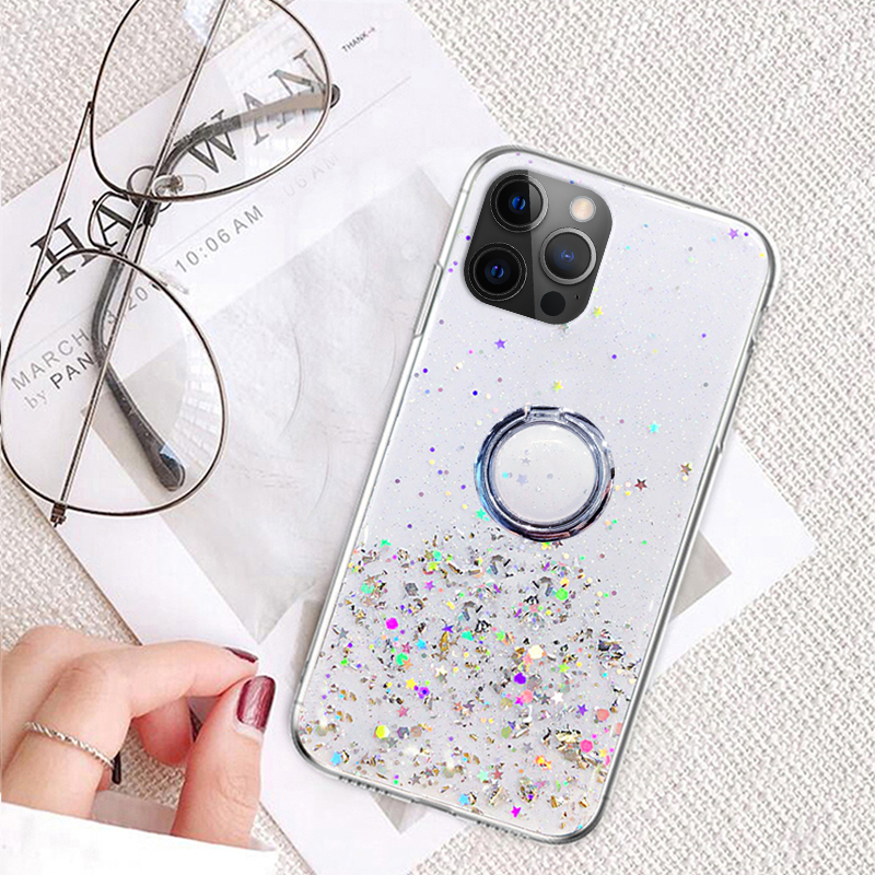 For VIVO Y02S Case Shiny Ring Glitter Soft Transparent Holder Stand Back Cover with String Casing for VIVO Y02S Phone Cases Cover Stars Moon Girls. 