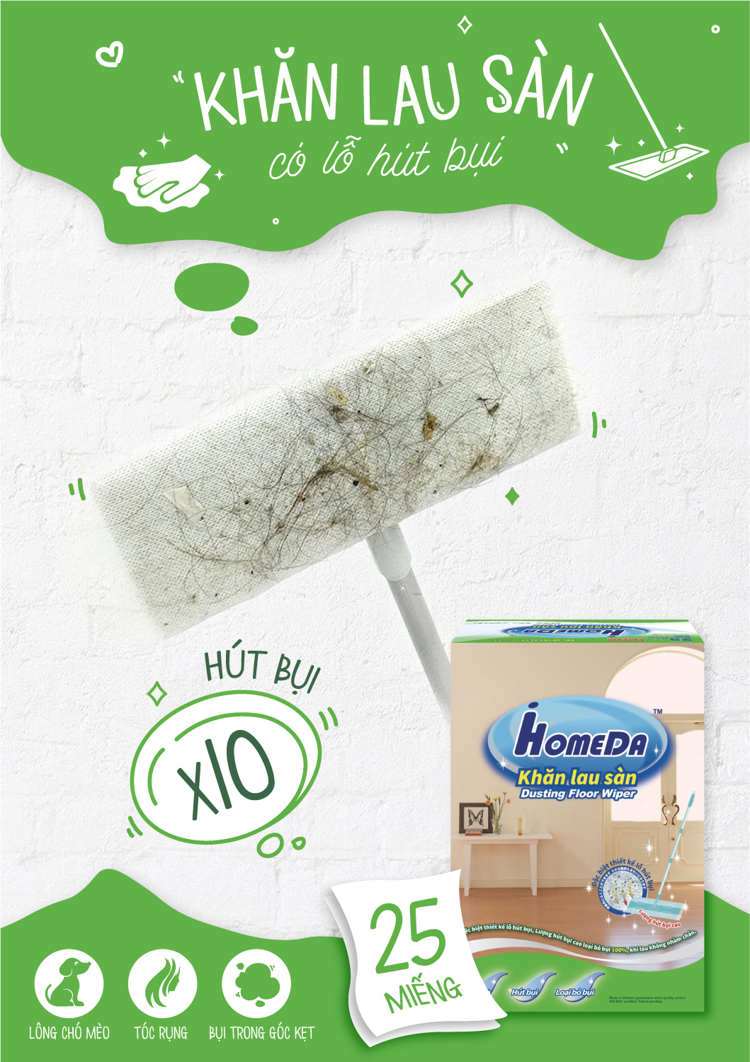 [MUA 4 TẶNG 1] Khăn Lau Sàn Hút Bụi iHomeDa (25 Khăn/ Hộp)