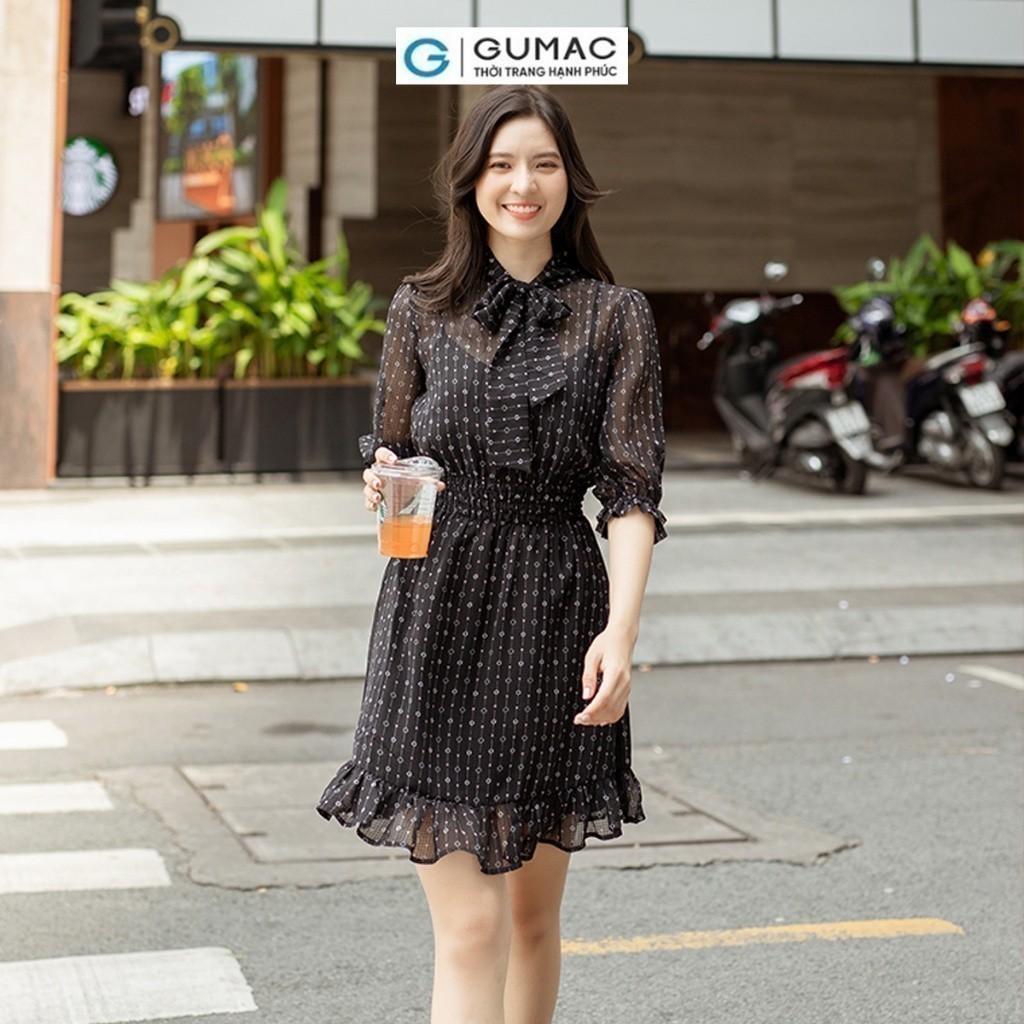 [15 - 17.6 |Voucher 8-15%] Đầm nữ bèo smocking eo thắt nơ cổ GUMAC DD05069