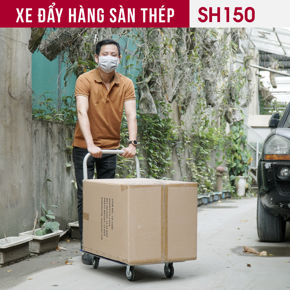 Xe đẩy hàng 4 bánh gấp gọn 100kg Nhập Khẩu CN Nhật Bản Fujihome SH150, bánh cao su siêu bền chống ồn, xe kéo hàng sàn thép gấp gọn đa năng xếp gọn - Bảo hành 1 năm