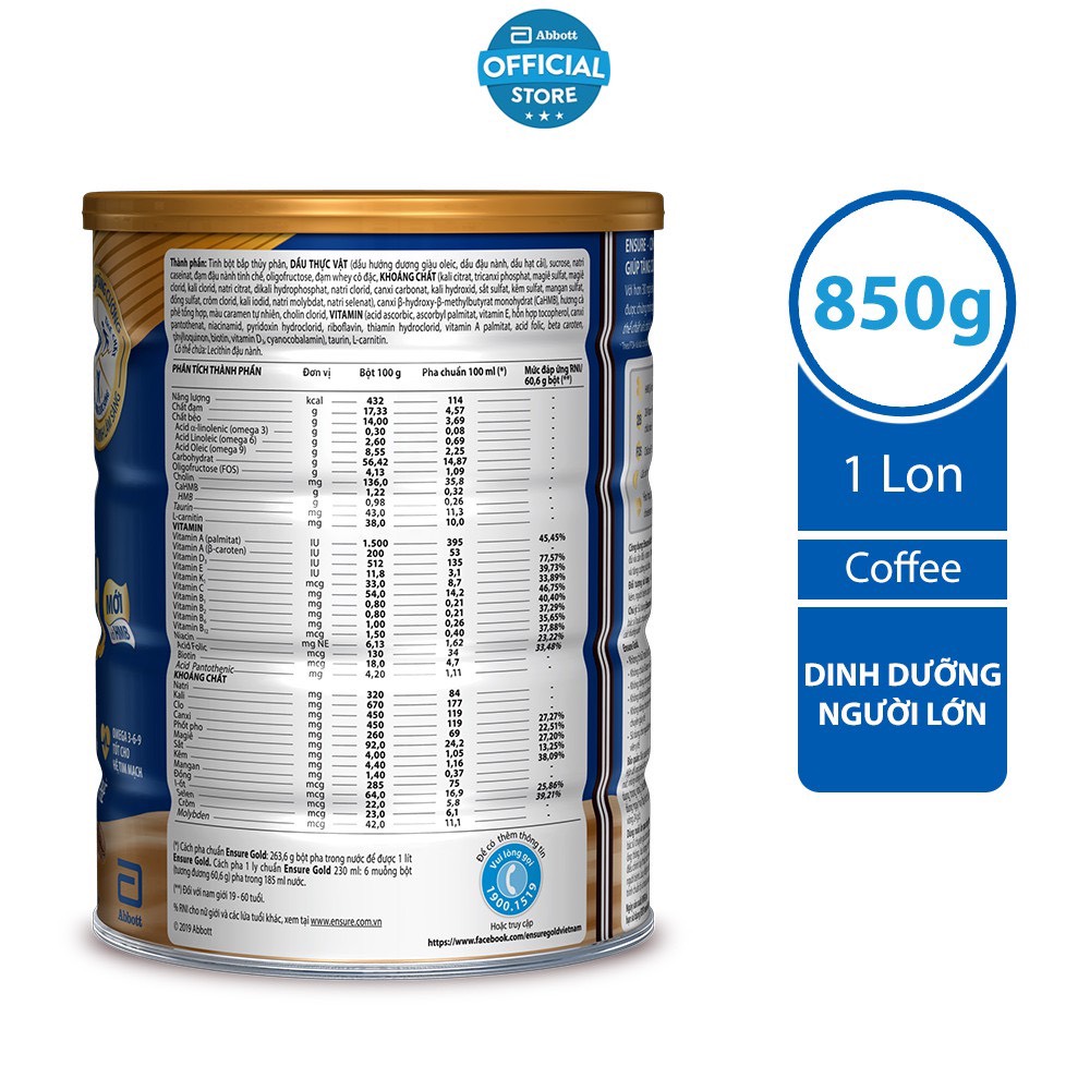 Sữa bột Ensure Gold hương cafe  850g/lon