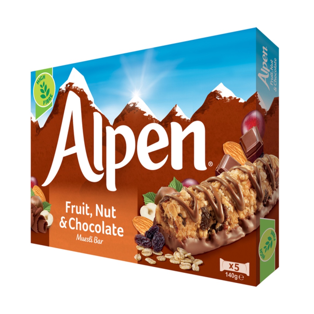 Thanh ngũ cốc socola, hạt & trái cây, fruit, nut & chocolate muesli bar, 5 thanh - alpen