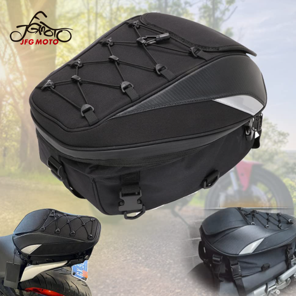 JFG MOTO Rear Seat tail Bag Waterproof Motorbike Travel Luggage Bag Helmet Pack Motorcycle Belt Tail Bag Reflective Scalable