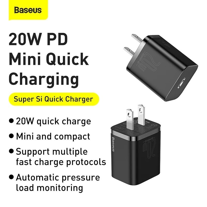 Củ sạc Baseus 20W USB C hỗ trợ sạc nhanh Type C PD cho iPhone 12 Pro Max 11 Mini 8 Plus
