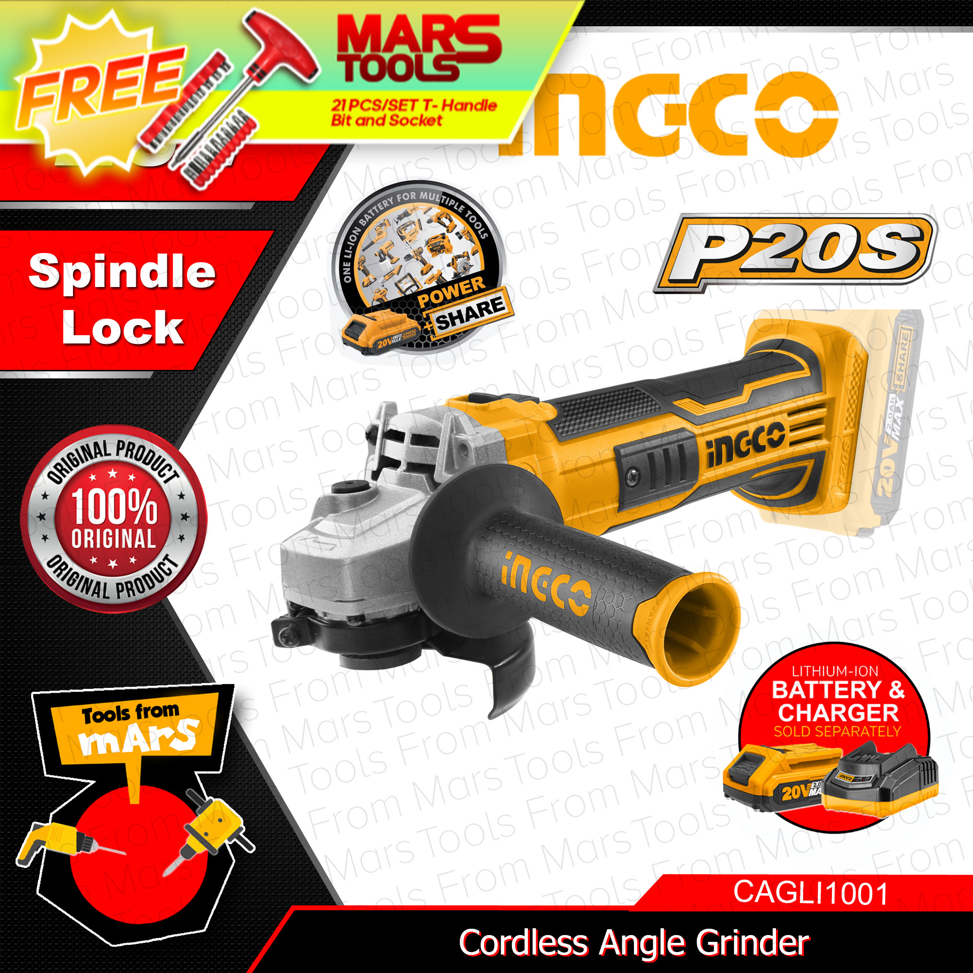 INGCO Cordless Angle Grinder 20V CAGLI1001 with Spindle Lock •TOOLS