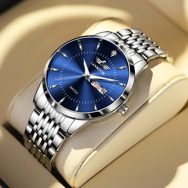 【Exclusive Offer】LANMSOM Men's Watch - Dual Date Fashion Business Simple Quartz Watch (Non-Mechanical) with Steel Strap.